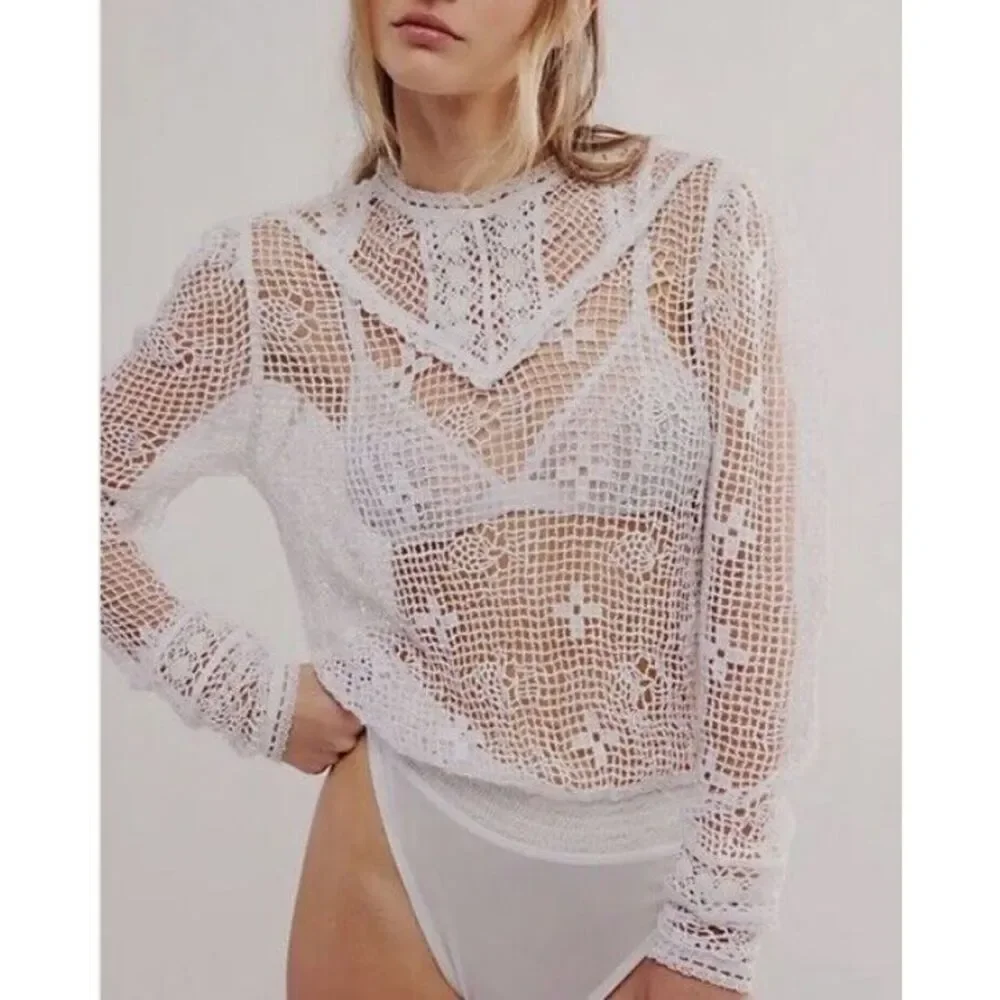 Free People Intimately 70s Style Crochet Bodysuit White Size S $128